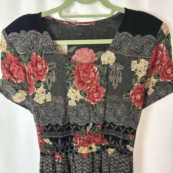 Vintage 80s/90s Floral Midi Dress Button Front Cottagecore Tie Back Babydoll Lrg - Picture 2 of 5